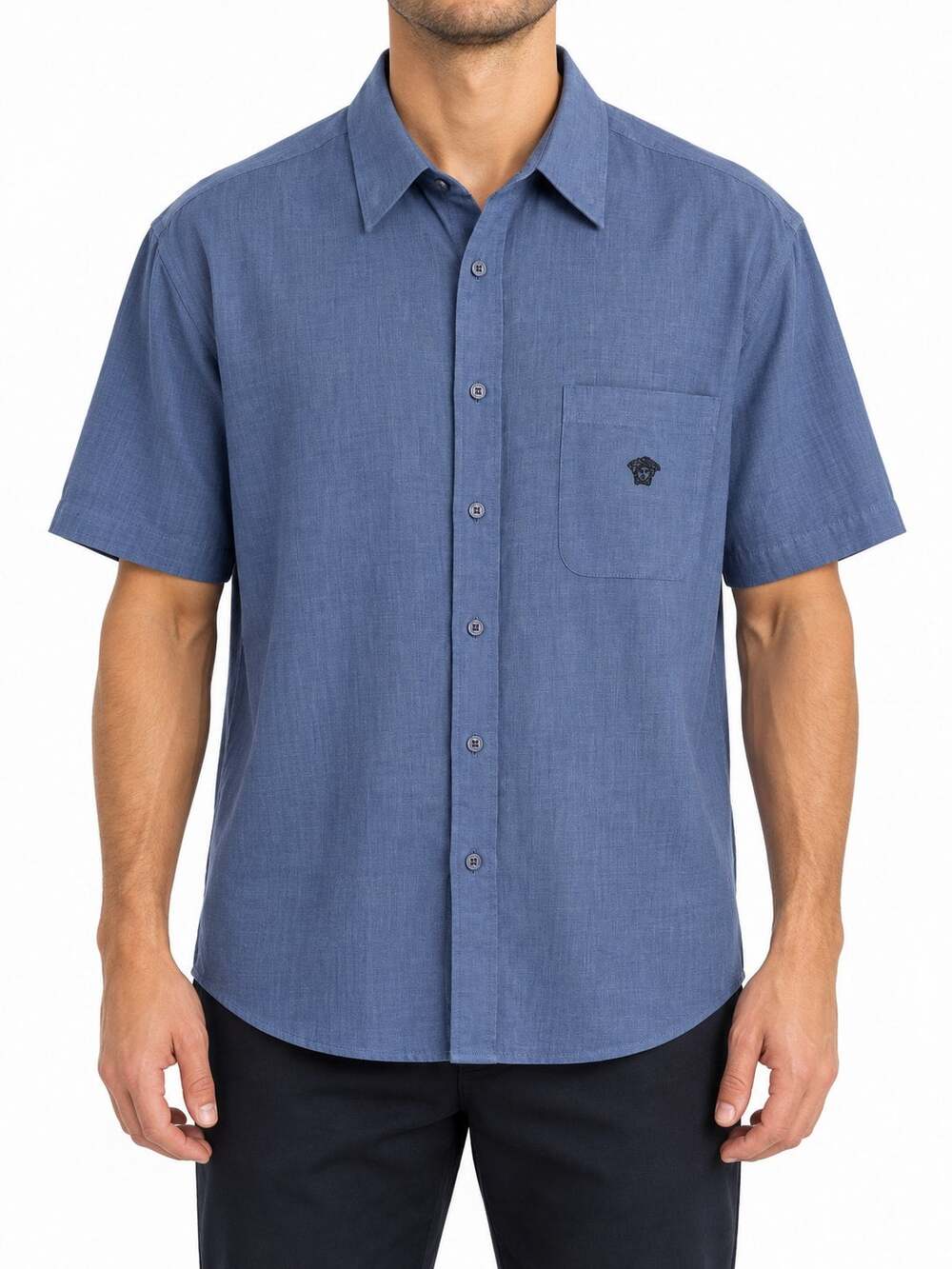 Gianni Versace Men's Blue Textured Short Sleeve Button-Up Medusa Shirt Size XL